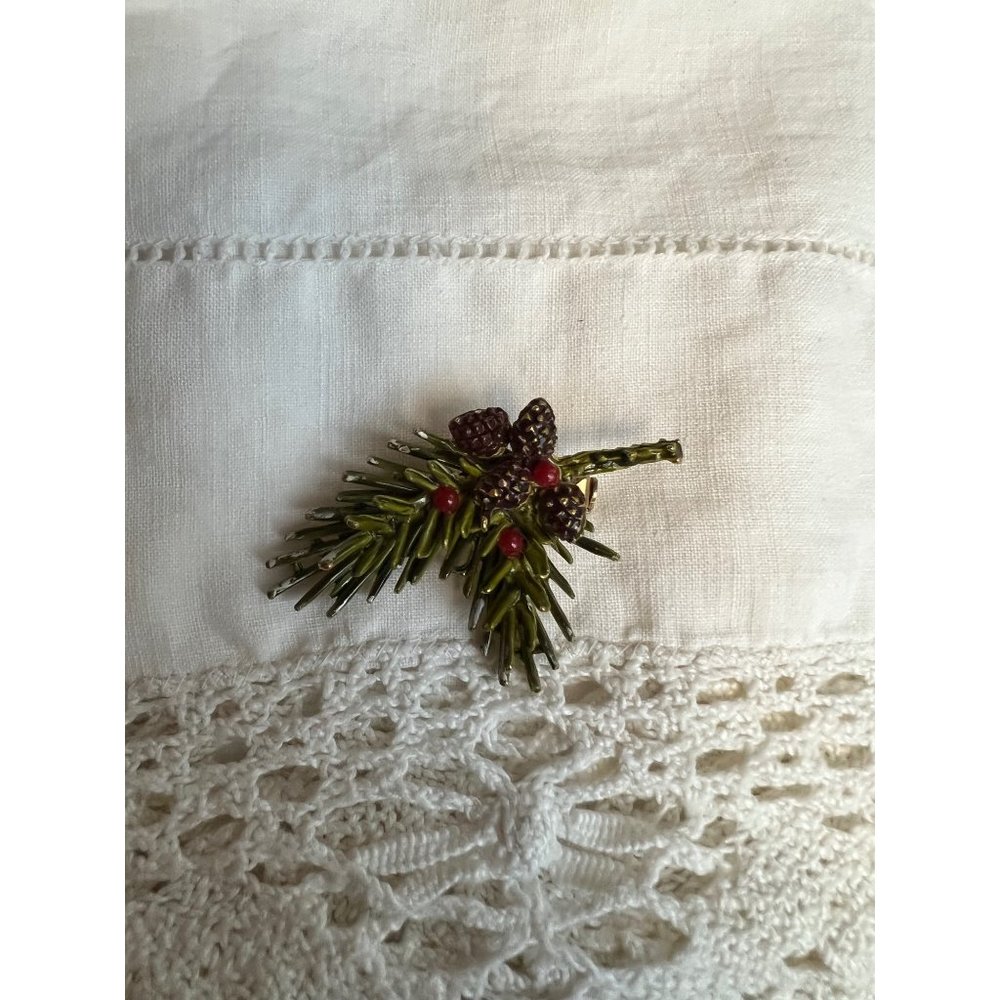 Vintage Signed ART Pinecone Brooch Pinecone and Bough Pin Branch Red Berries